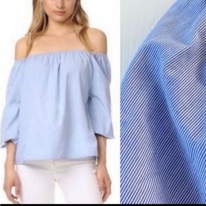 Anthro Maeve Off Shoulder Top Blue White Stripe Balloon Sleeve Peasant Boho S
